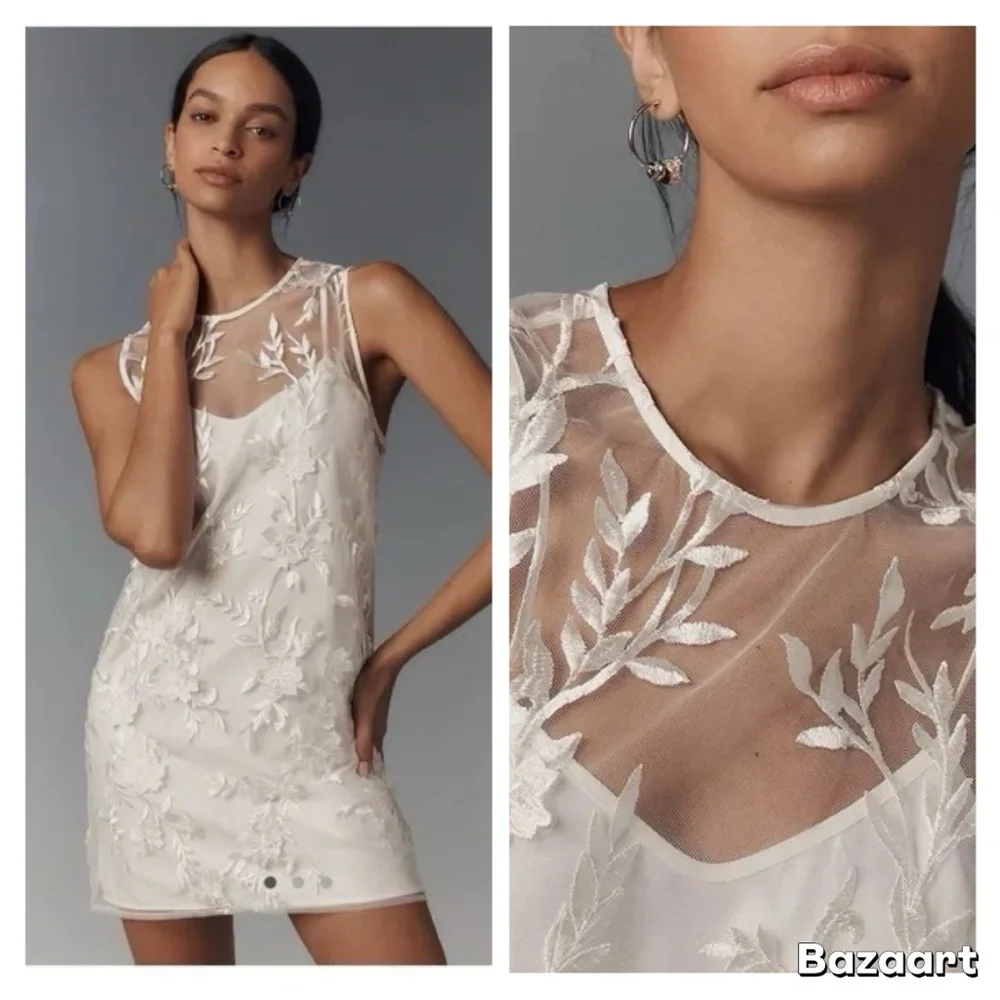 NWT ANTHROPOLOGIE Flat White Sheer Embroidered Mini Dress NWT Size M - Picture 9 of 11